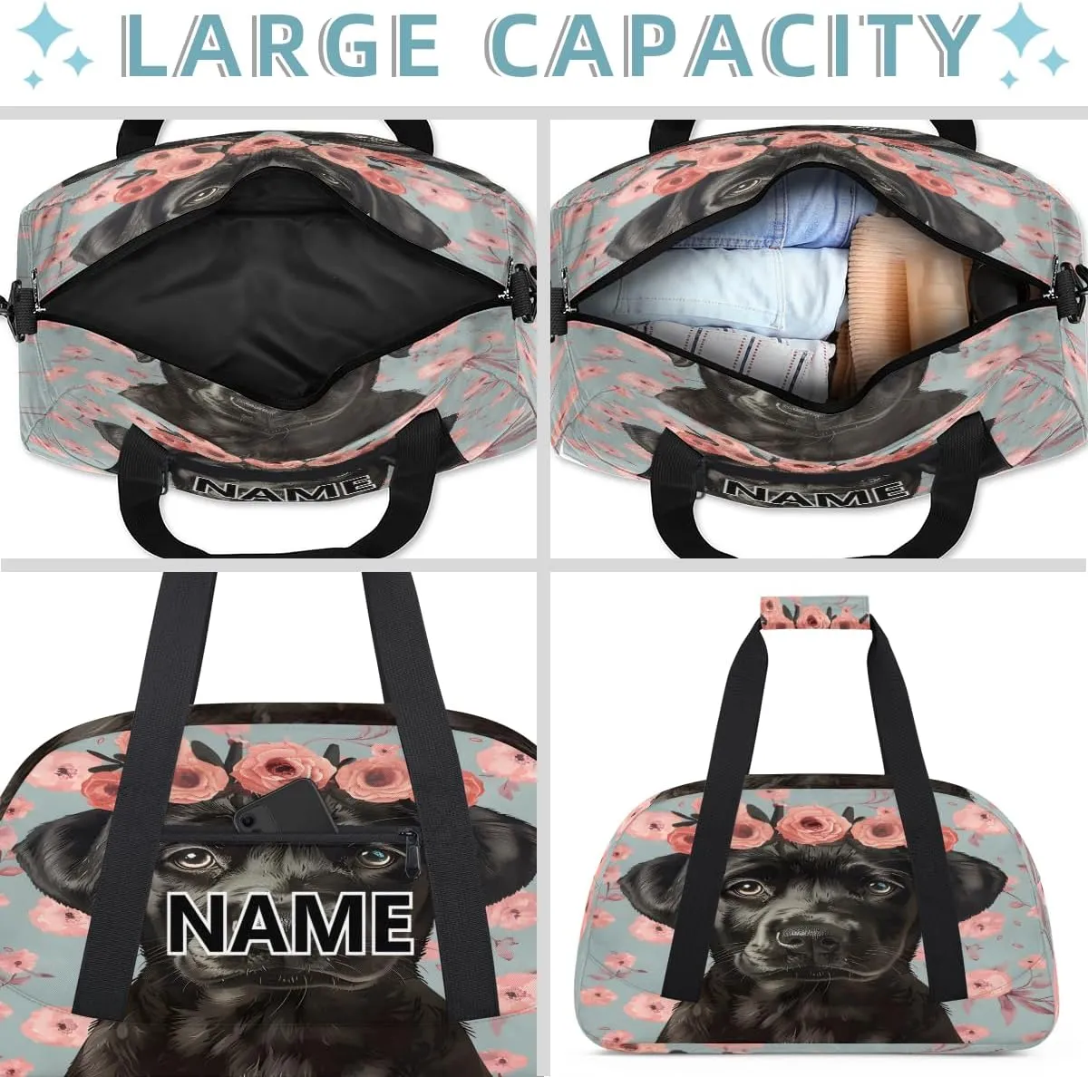Dogs Mini Gym Bag 18 inch for Women Men Waterproof Custom Black Dogs Travel Duffel Bag Carry On Overnight Tote Nurse Bag for Work Fitness Hiking