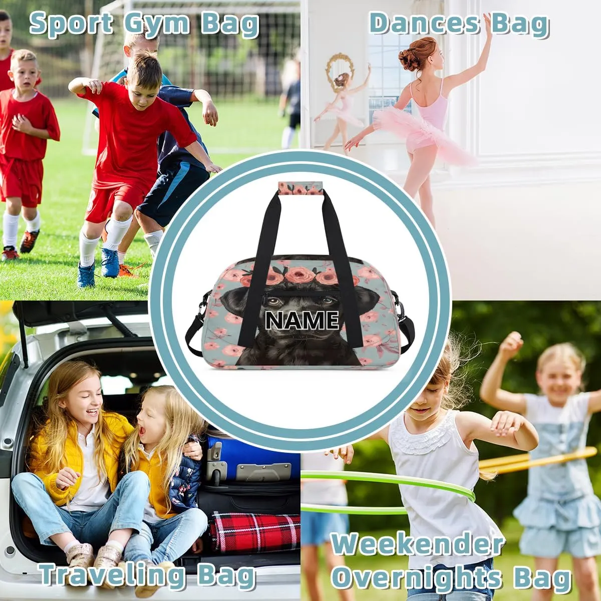 Dogs Mini Gym Bag 18 inch for Women Men Waterproof Custom Black Dogs Travel Duffel Bag Carry On Overnight Tote Nurse Bag for Work Fitness Hiking
