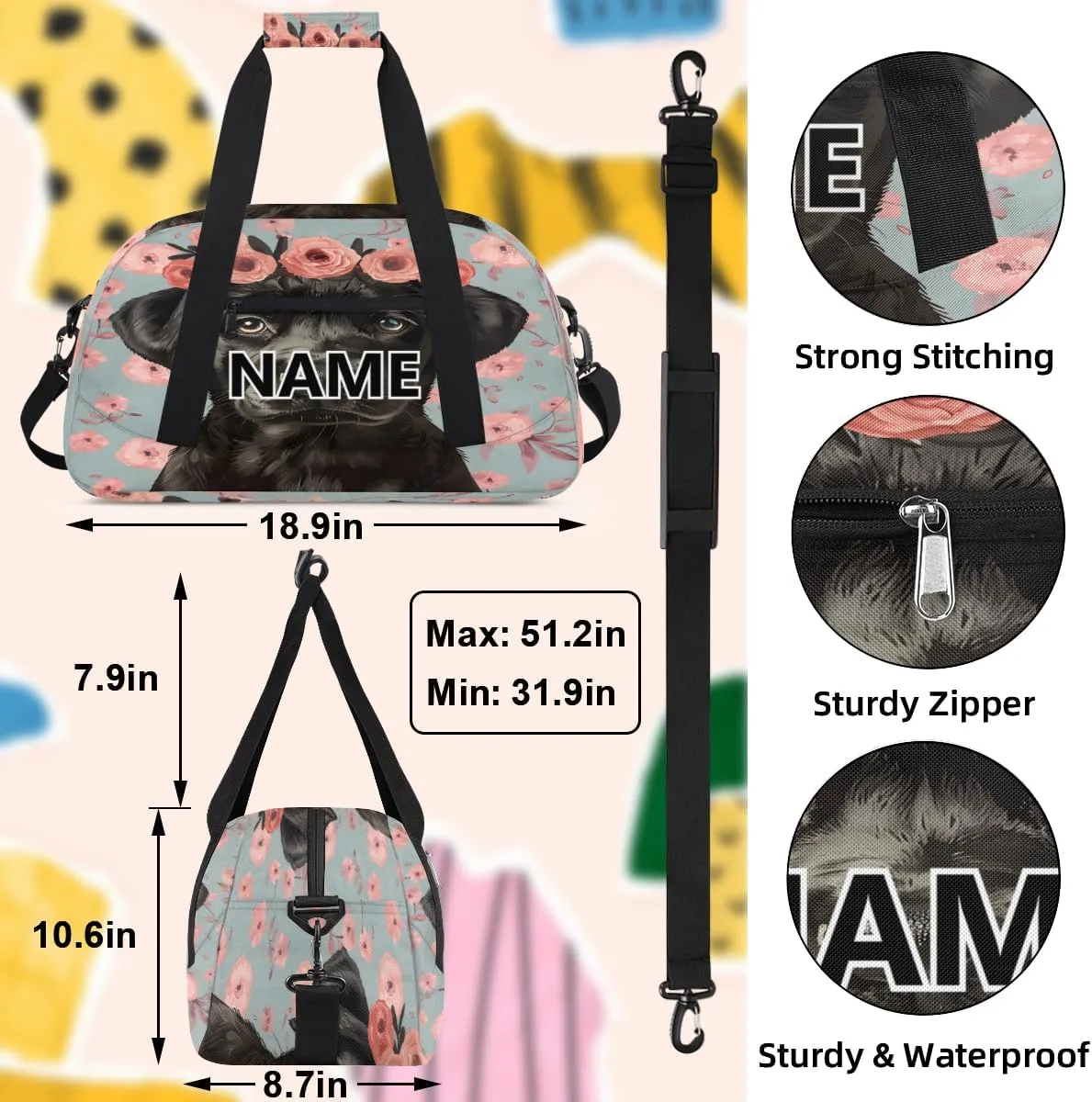 Dogs Mini Gym Bag 18 inch for Women Men Waterproof Custom Black Dogs Travel Duffel Bag Carry On Overnight Tote Nurse Bag for Work Fitness Hiking