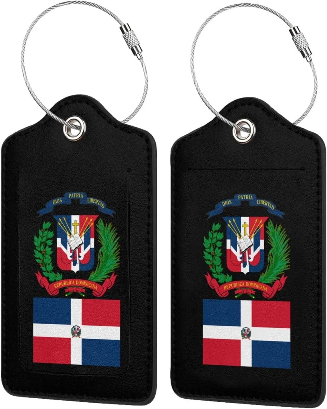 Dominican Republic Flag Emblem Leather Baggage Bag Luggage Tags with Stainless Steel Loop and Privacy Cover, 4 PCS, Black