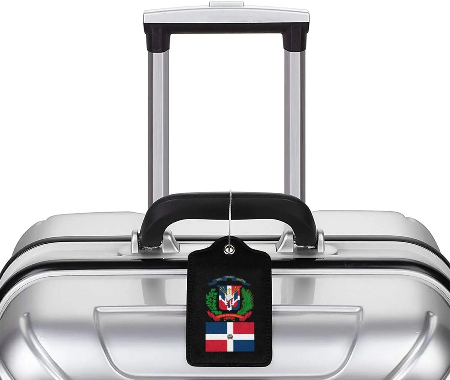 Dominican Republic Flag Emblem Leather Baggage Bag Luggage Tags with Stainless Steel Loop and Privacy Cover, 4 PCS, Black