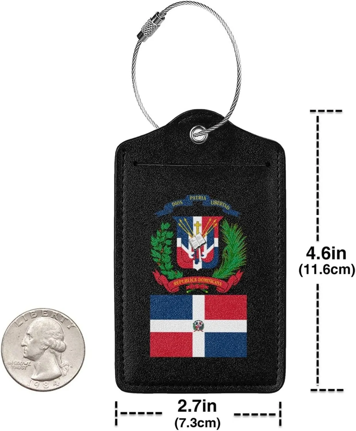 Dominican Republic Flag Emblem Leather Baggage Bag Luggage Tags with Stainless Steel Loop and Privacy Cover, 4 PCS, Black