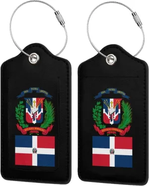 Dominican Republic Flag Emblem Leather Baggage Bag Luggage Tags with Stainless Steel Loop and Privacy Cover, 4 PCS, Black