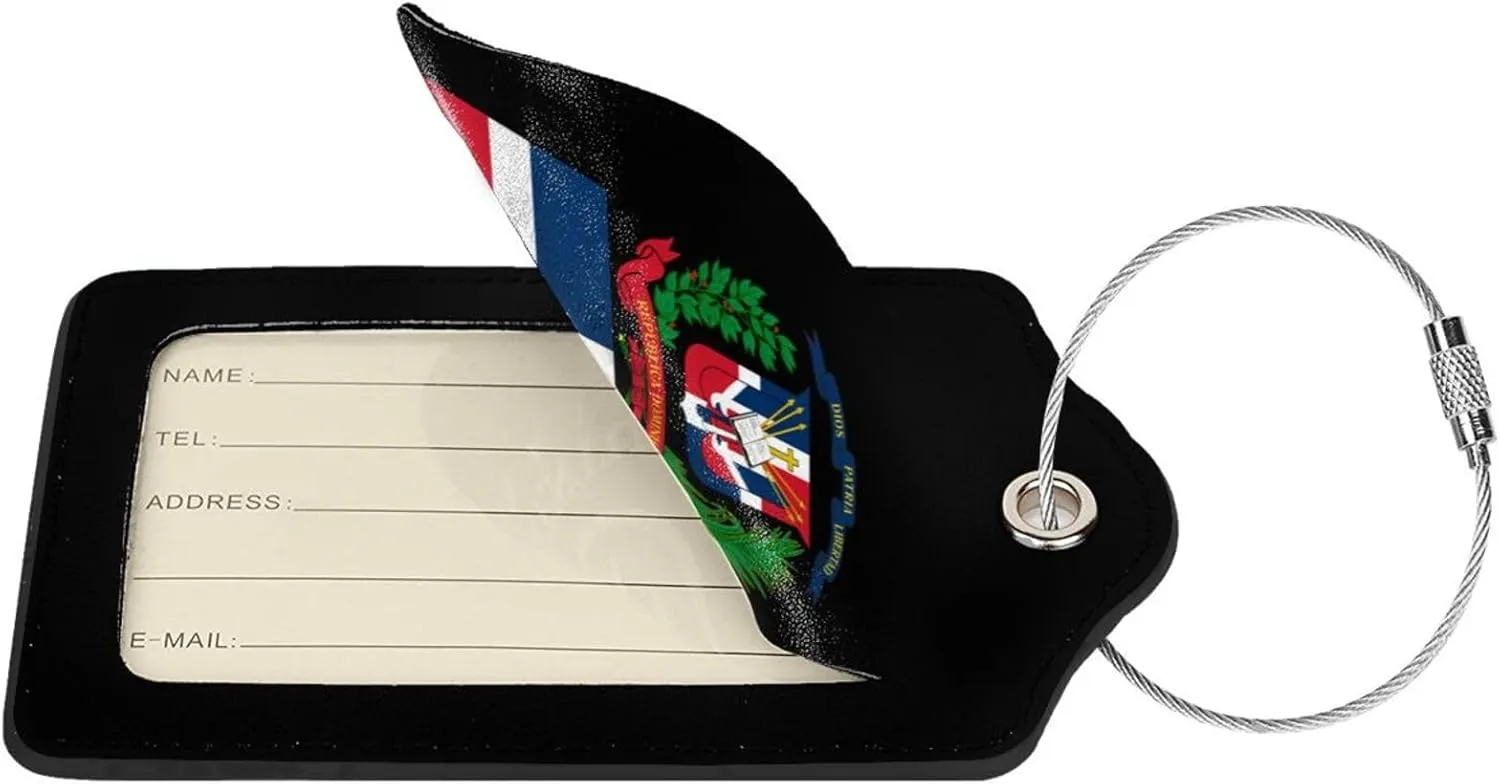Dominican Republic Flag Emblem Leather Baggage Bag Luggage Tags with Stainless Steel Loop and Privacy Cover, 4 PCS, Black