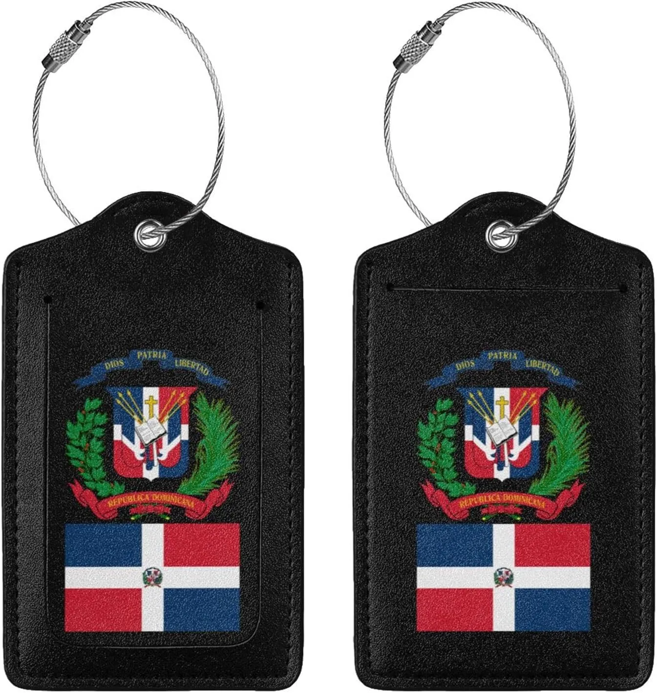 Dominican Republic Flag Emblem Leather Baggage Bag Luggage Tags with Stainless Steel Loop and Privacy Cover, 4 PCS, Black