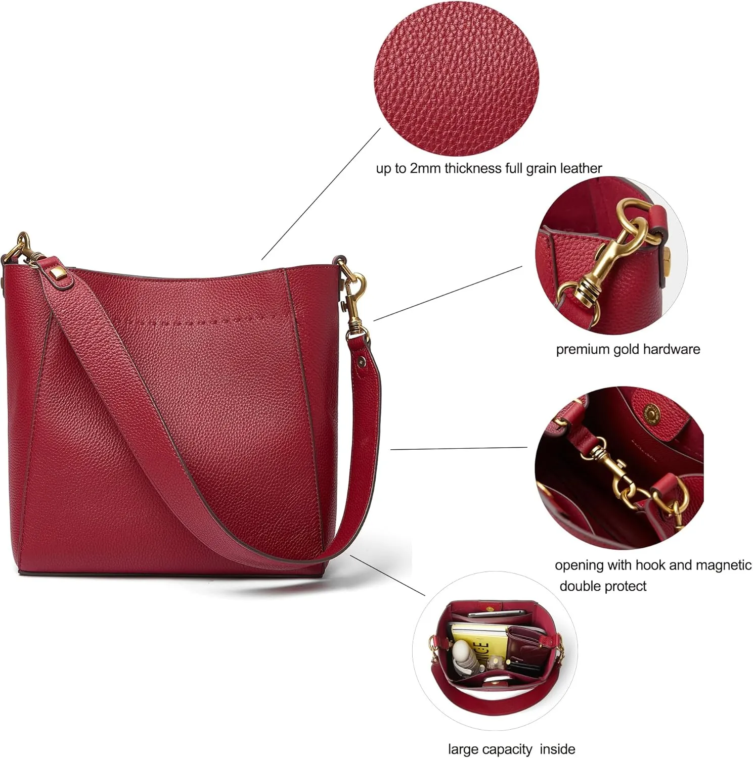 DORIS&JACKY Leather Bucket Tote Bags for Women Designer Shoulder Hobo Purse and Handbags with Detachable Wide Strap