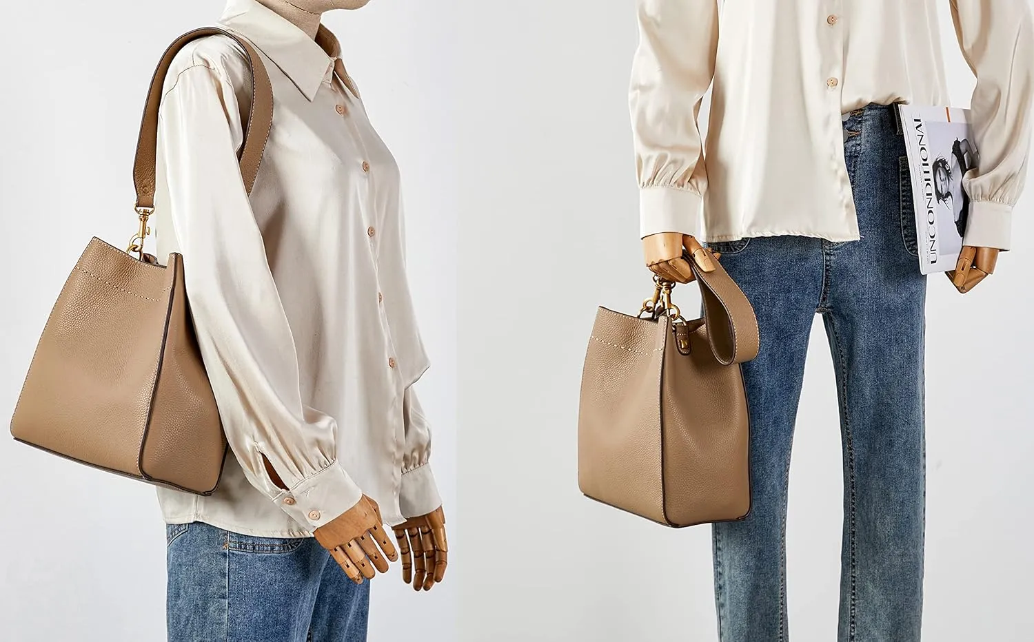 DORIS&JACKY Leather Bucket Tote Bags for Women Designer Shoulder Hobo Purse and Handbags with Detachable Wide Strap