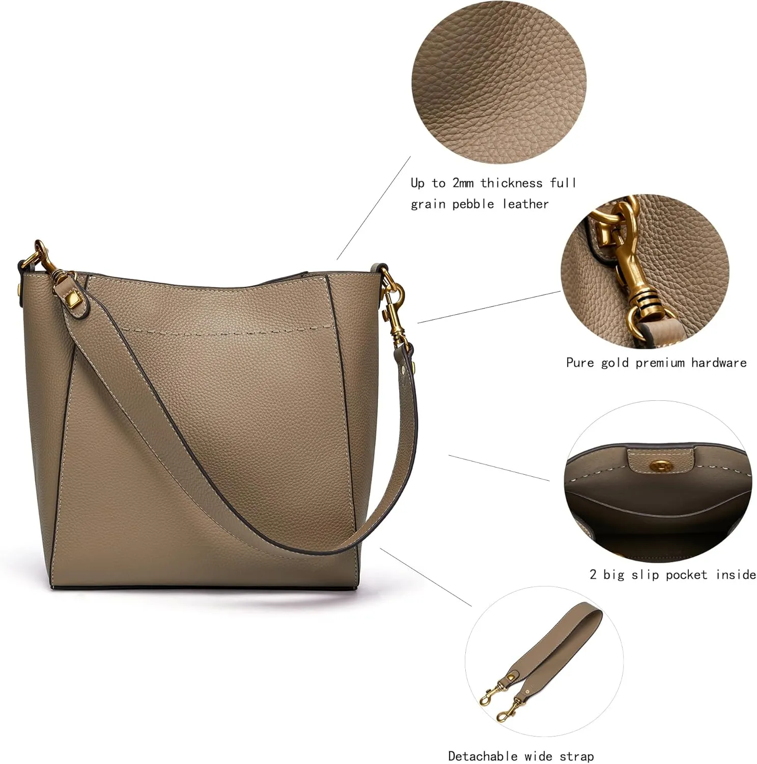 DORIS&JACKY Leather Bucket Tote Bags for Women Designer Shoulder Hobo Purse and Handbags with Detachable Wide Strap