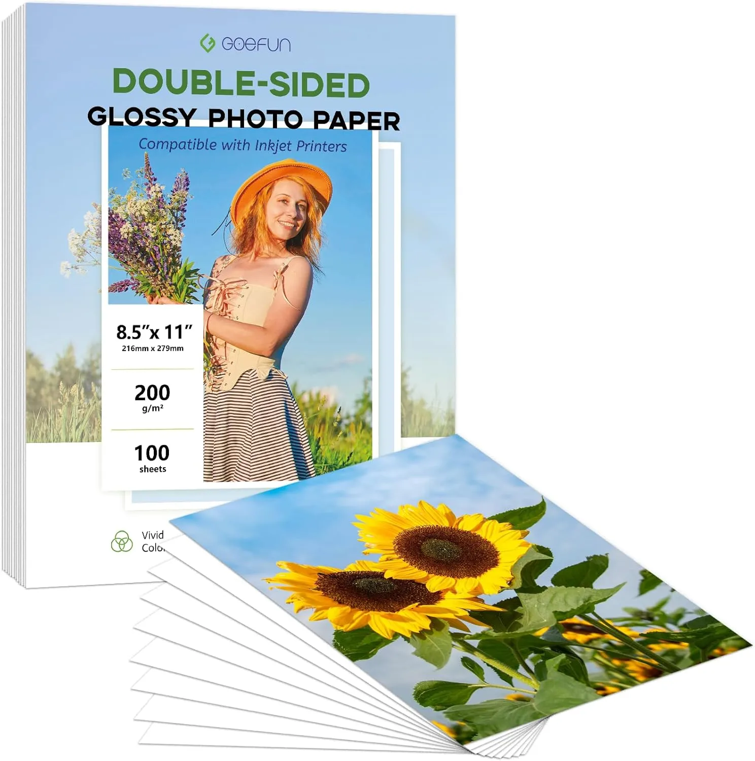 Double Sided Glossy Photo Paper 8.5x11, Goefun 200 GSM/54 LB Inkjet Printer Paper for Dye Ink for Calendars, Menus, Chip Bags and Crafting，100 Sheets