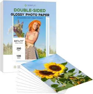 Double Sided Glossy Photo Paper 8.5x11, Goefun 200 GSM/54 LB Inkjet Printer Paper for Dye Ink for Calendars, Menus, Chip Bags and Crafting，100 Sheets