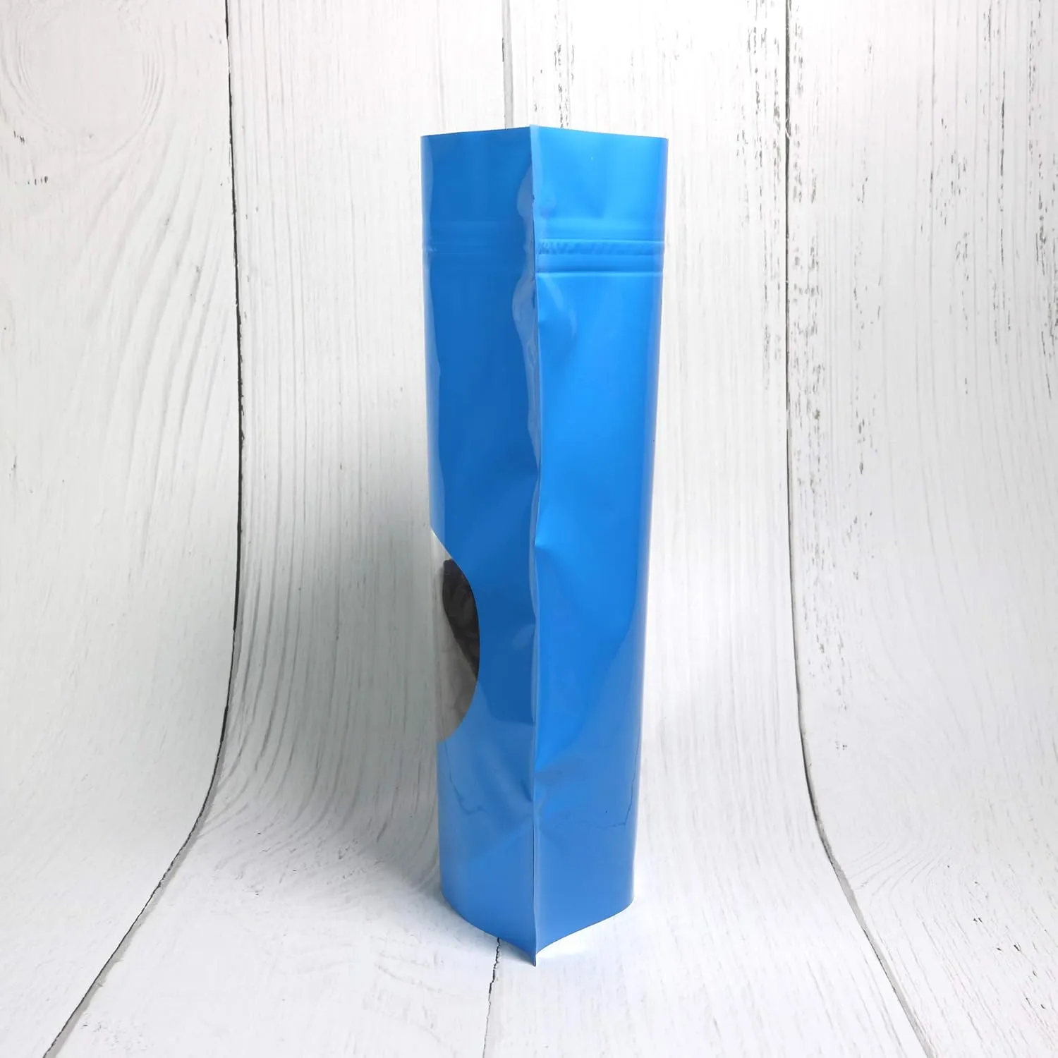 Double-Sided Matte/Glossy Color with Clear Round Window Stand-Up Pouch (100 Bags/Pack) (3.3" x 5.5", Glossy Blue)