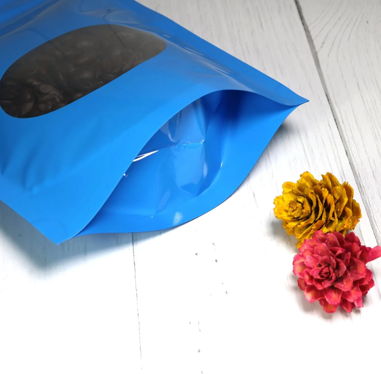 Double-Sided Matte/Glossy Color with Clear Round Window Stand-Up Pouch (100 Bags/Pack) (3.3" x 5.5", Glossy Blue)