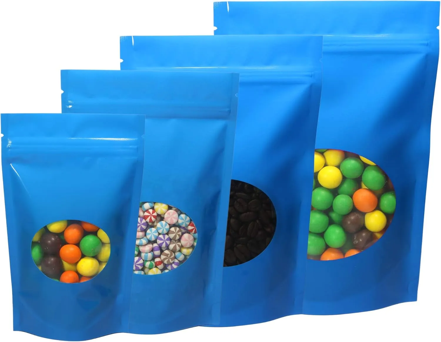 Double-Sided Matte/Glossy Color with Clear Round Window Stand-Up Pouch (100 Bags/Pack) (3.3" x 5.5", Glossy Blue)