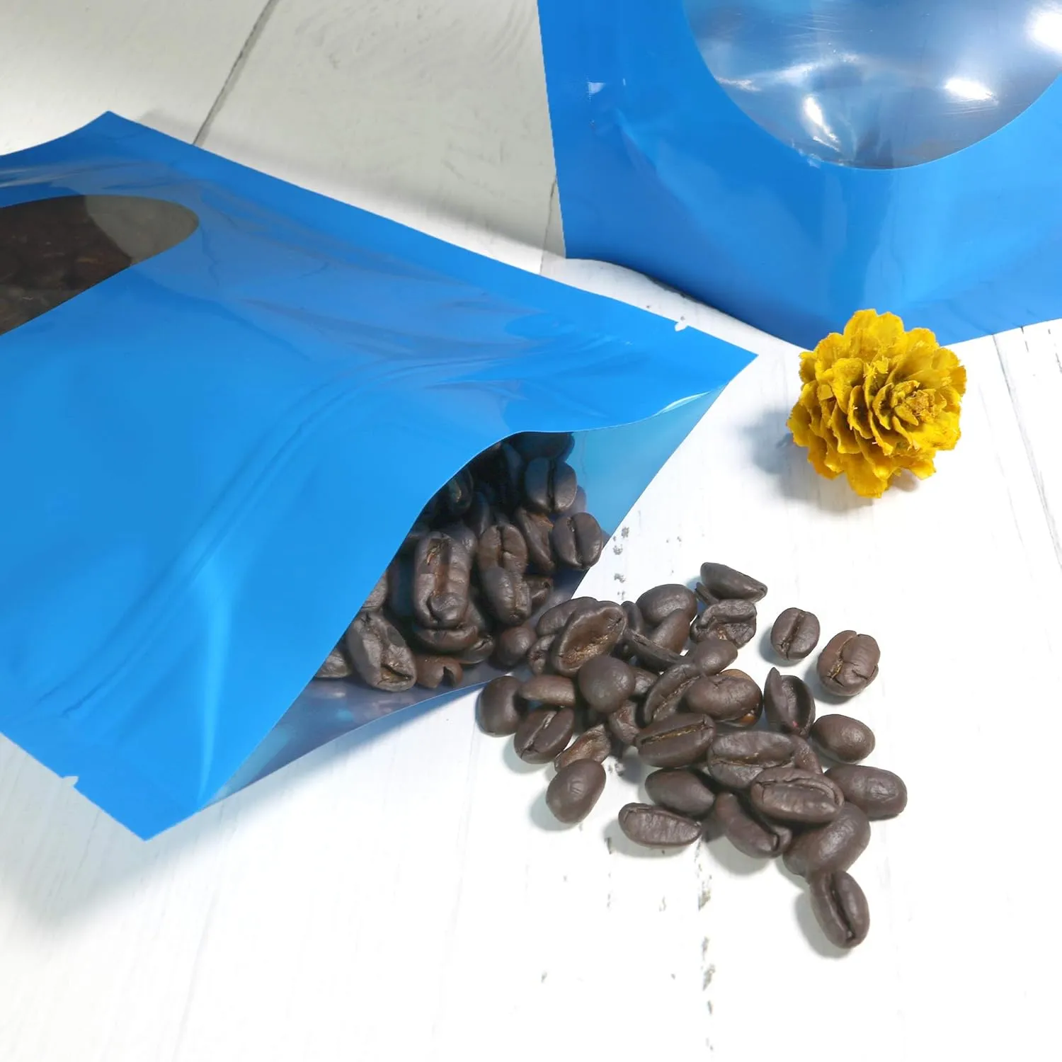 Double-Sided Matte/Glossy Color with Clear Round Window Stand-Up Pouch (100 Bags/Pack) (3.3" x 5.5", Glossy Blue)