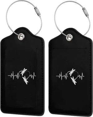 Dragonfly Heartbeat Leather Baggage Bag Luggage Tags with Stainless Steel Loop and Privacy Cover, 4 PCS, Black