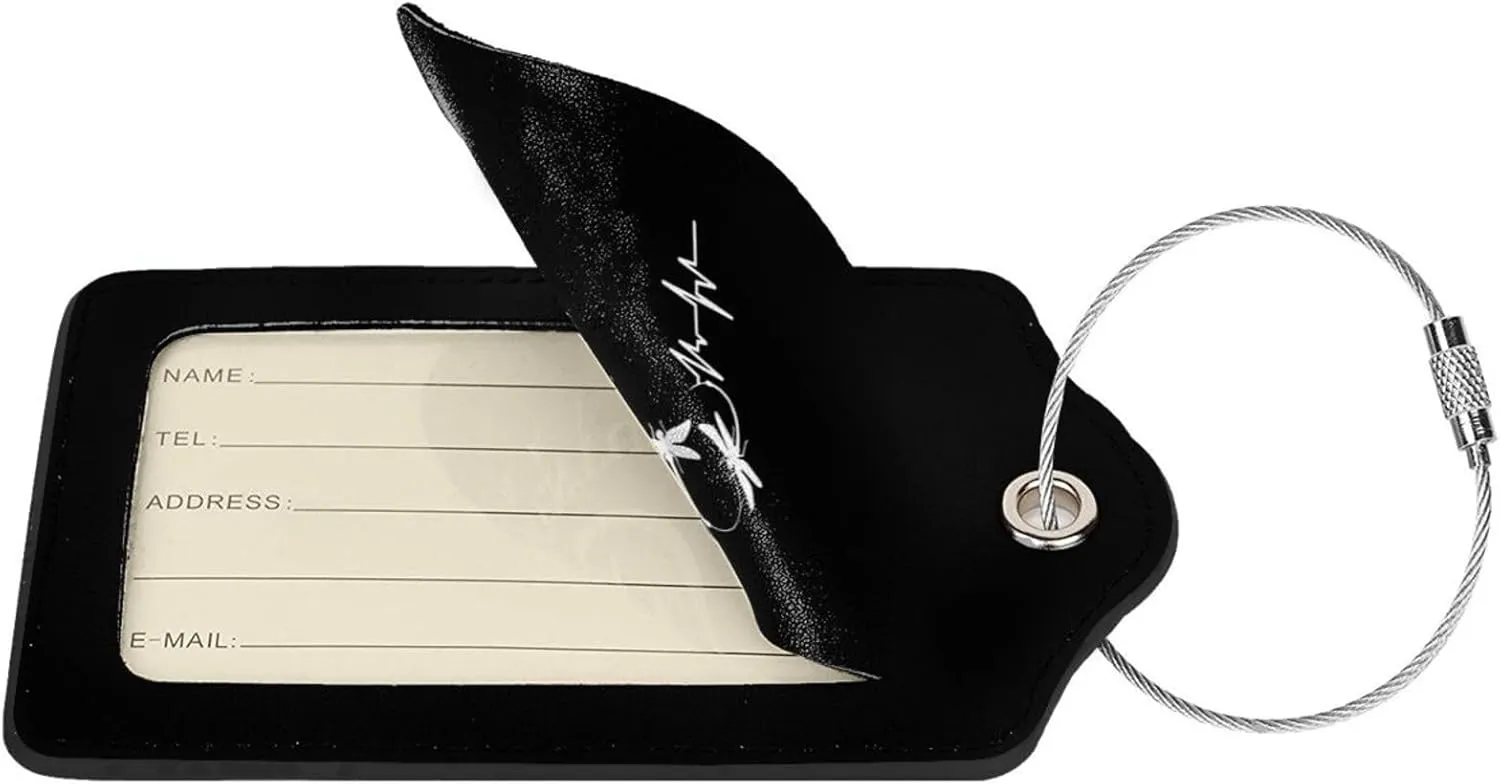 Dragonfly Heartbeat Leather Baggage Bag Luggage Tags with Stainless Steel Loop and Privacy Cover, 4 PCS, Black