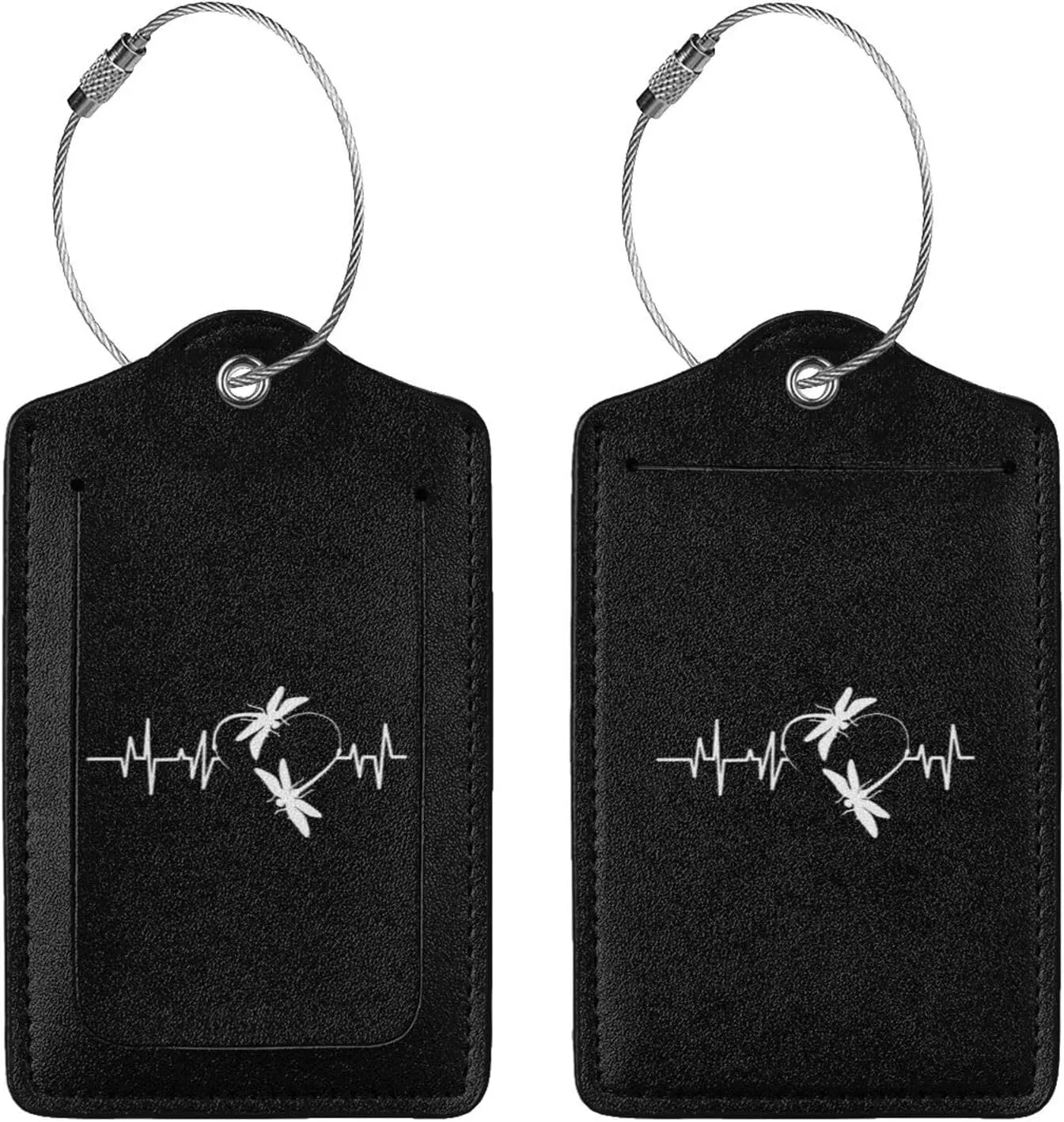 Dragonfly Heartbeat Leather Baggage Bag Luggage Tags with Stainless Steel Loop and Privacy Cover, 4 PCS, Black