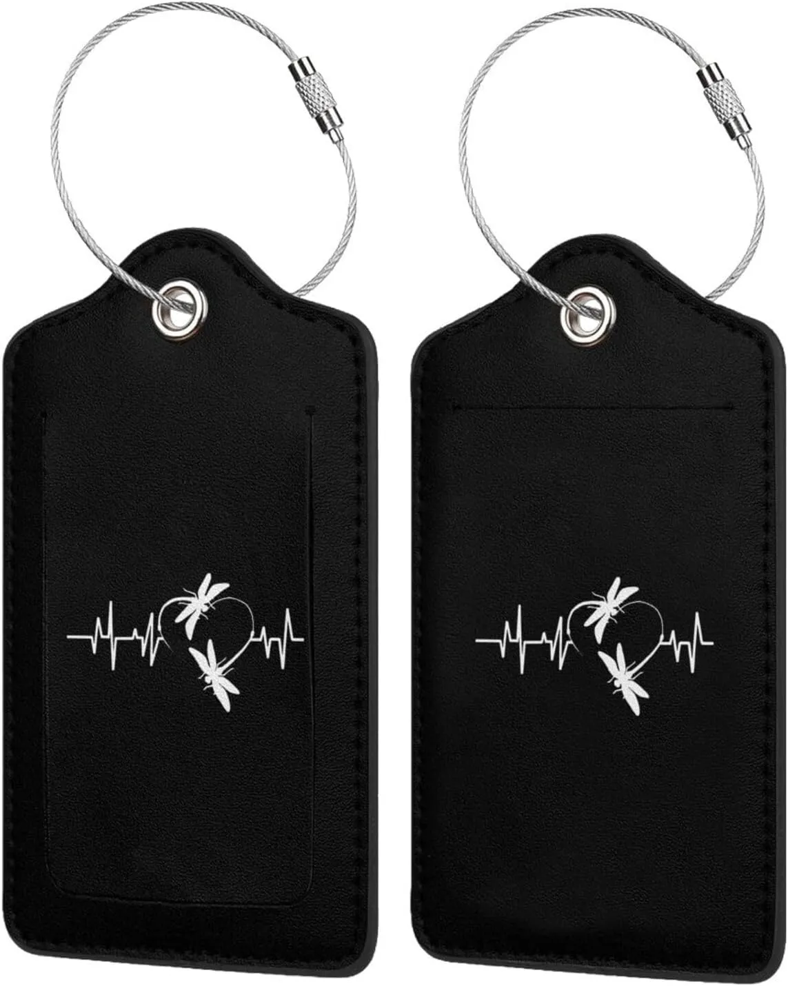 Dragonfly Heartbeat Leather Baggage Bag Luggage Tags with Stainless Steel Loop and Privacy Cover, 4 PCS, Black