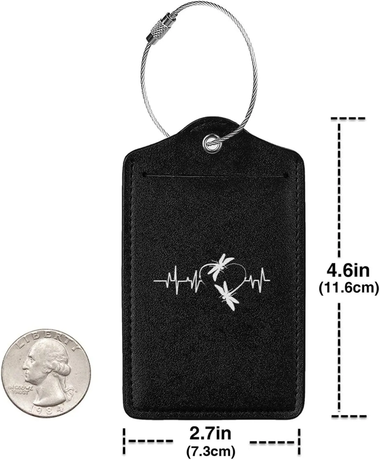 Dragonfly Heartbeat Leather Baggage Bag Luggage Tags with Stainless Steel Loop and Privacy Cover, 4 PCS, Black