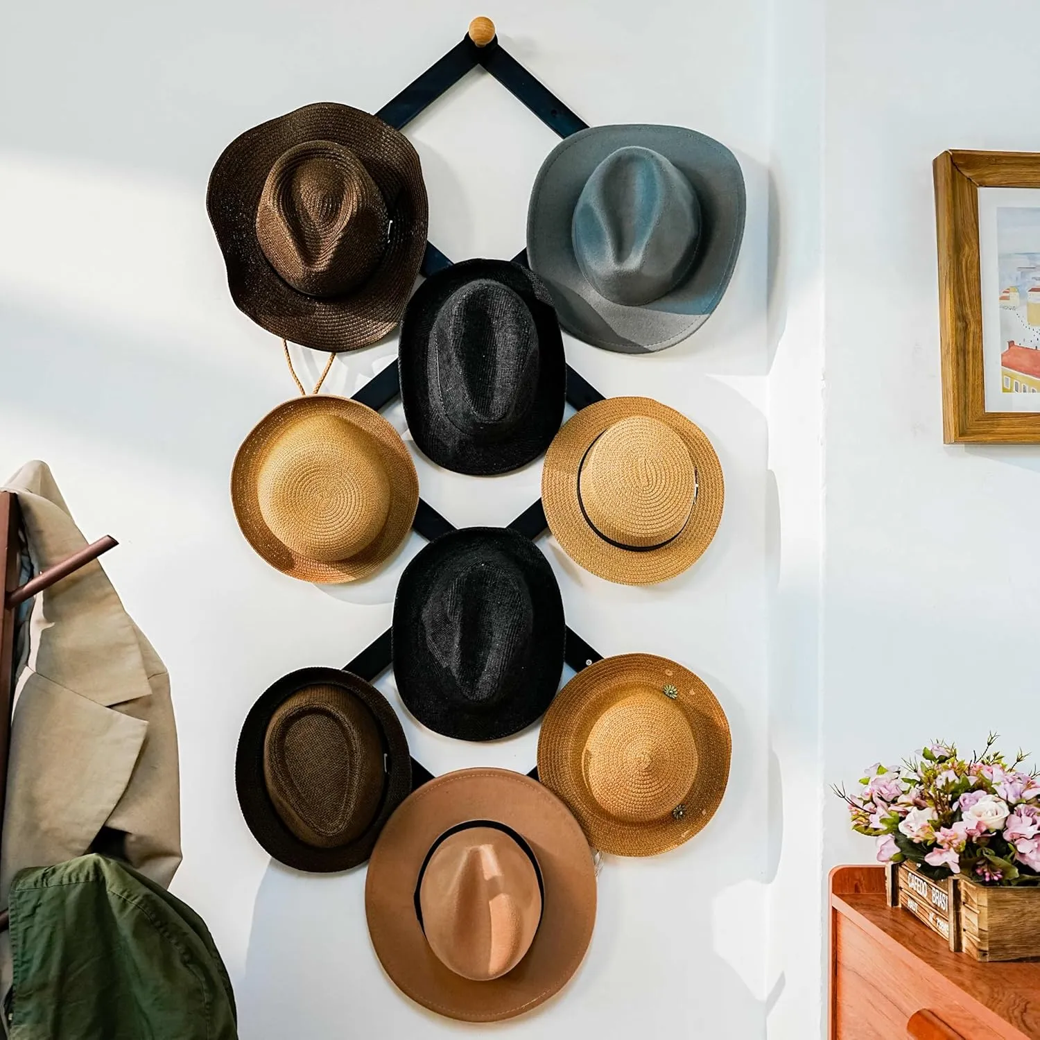 Dseap Expandable Coat Rack (Larger Version) - 24” High, Anti-Slip, Ultra Heavy Duty Wooden Accordian Wall Hanger with 10 Study Peg Hooks for Clothing Hats Jackets Bags, Brown