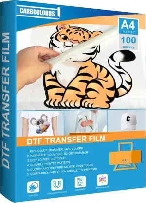DTF Transfer Film 100 Sheets-A4 PET Heat Transfer Paper for DYI Direct on T-Shirts.Socks,Bags,Textile-8.3" x 11.7"