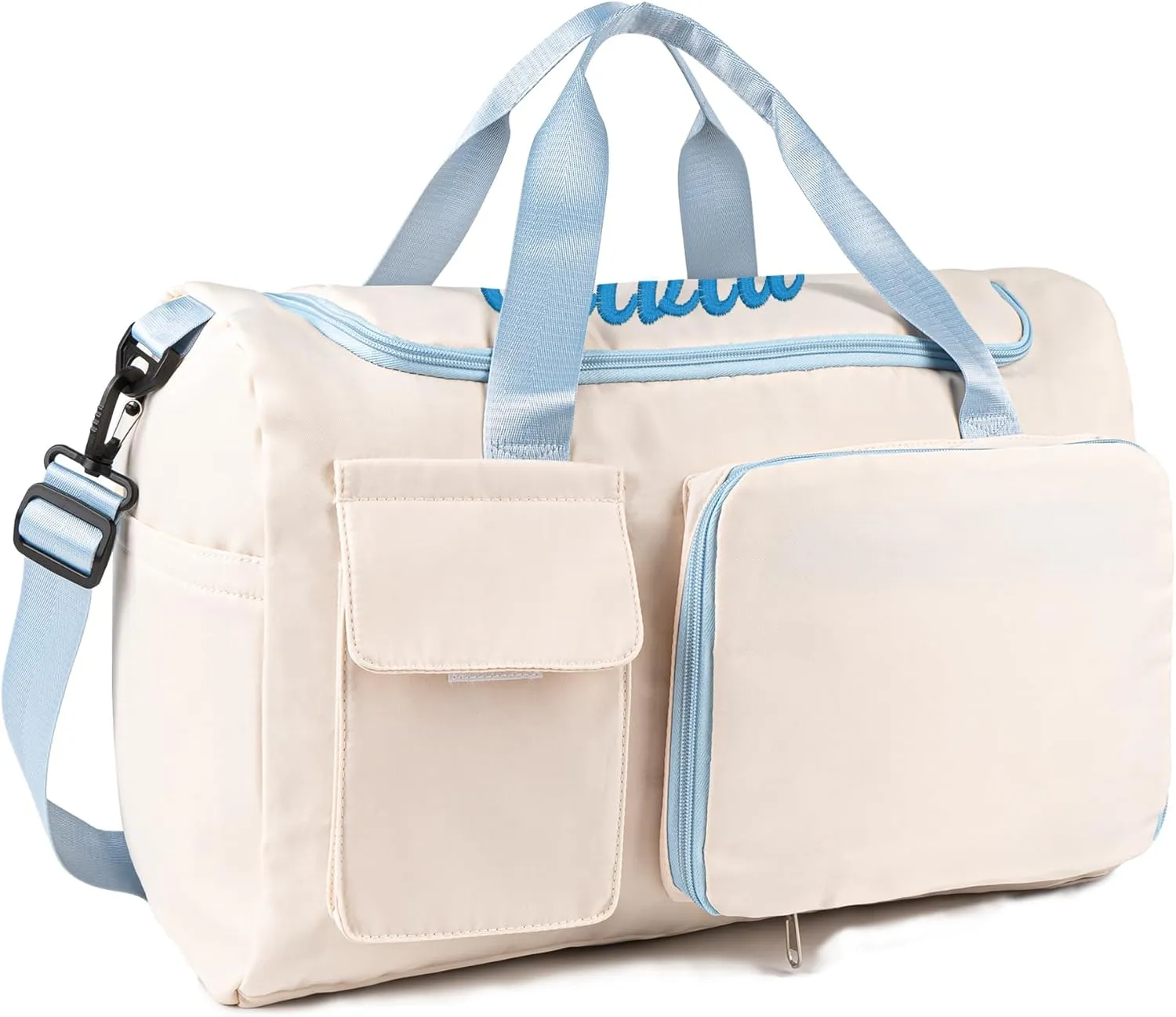 Duffel Bag for Women Girls Personalized Weekender Overnight Bag with Embroidered Name - Custom Travel Duffle with Shoe Compartment, Waterproof & Foldable, Bridesmaid Gift (Blue)