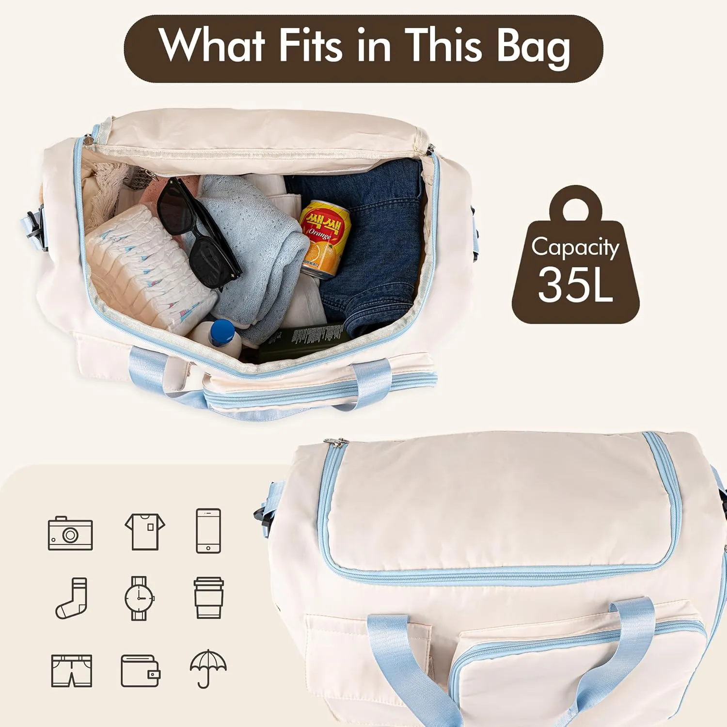 Duffel Bag for Women Girls Personalized Weekender Overnight Bag with Embroidered Name - Custom Travel Duffle with Shoe Compartment, Waterproof & Foldable, Bridesmaid Gift (Blue)