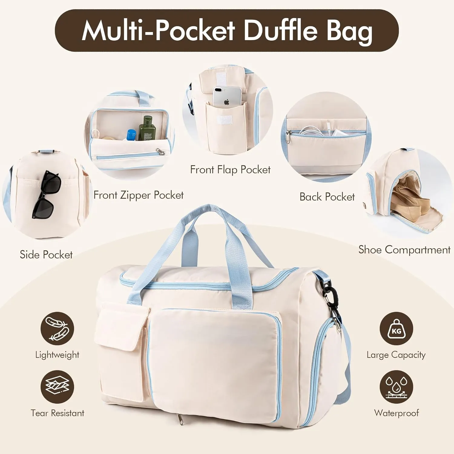 Duffel Bag for Women Girls Personalized Weekender Overnight Bag with Embroidered Name - Custom Travel Duffle with Shoe Compartment, Waterproof & Foldable, Bridesmaid Gift (Blue)