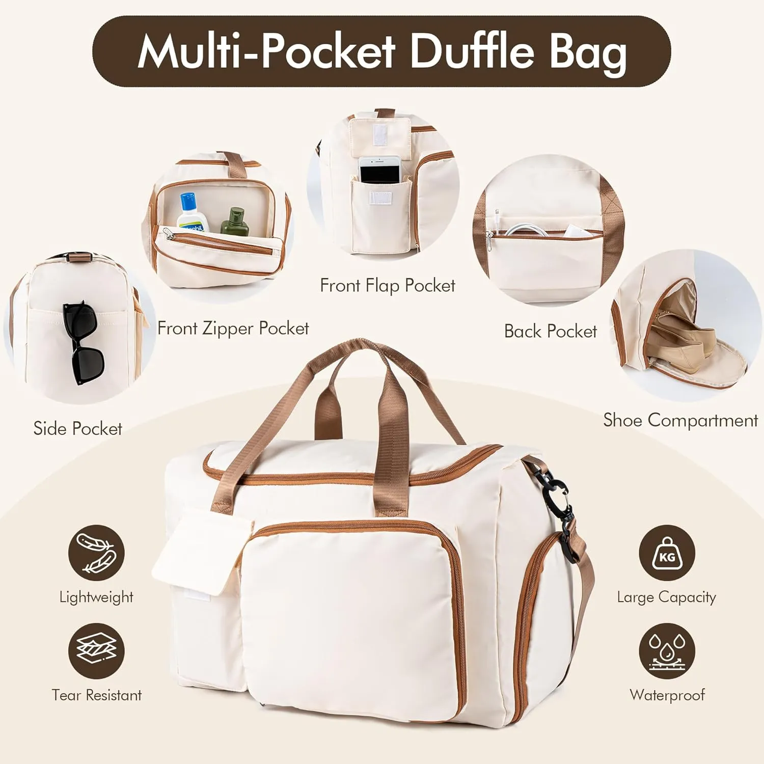 Duffel Bag for Women Girls Personalized Weekender Overnight Bag with Embroidered Name - Custom Travel Duffle with Shoe Compartment, Waterproof & Foldable, Bridesmaid Gift (Brown)