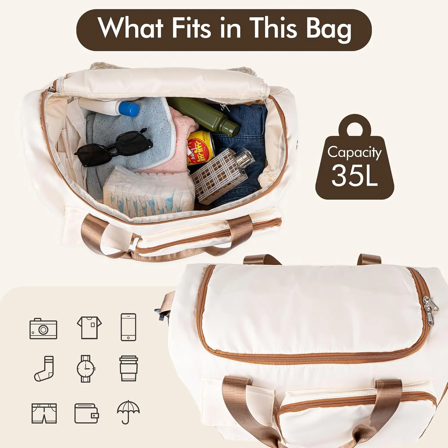 Duffel Bag for Women Girls Personalized Weekender Overnight Bag with Embroidered Name - Custom Travel Duffle with Shoe Compartment, Waterproof & Foldable, Bridesmaid Gift (Brown)