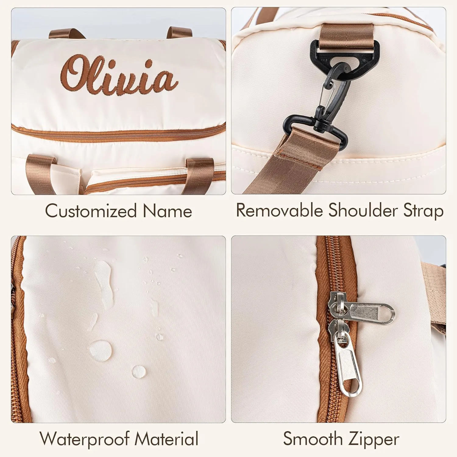 Duffel Bag for Women Girls Personalized Weekender Overnight Bag with Embroidered Name - Custom Travel Duffle with Shoe Compartment, Waterproof & Foldable, Bridesmaid Gift (Brown)