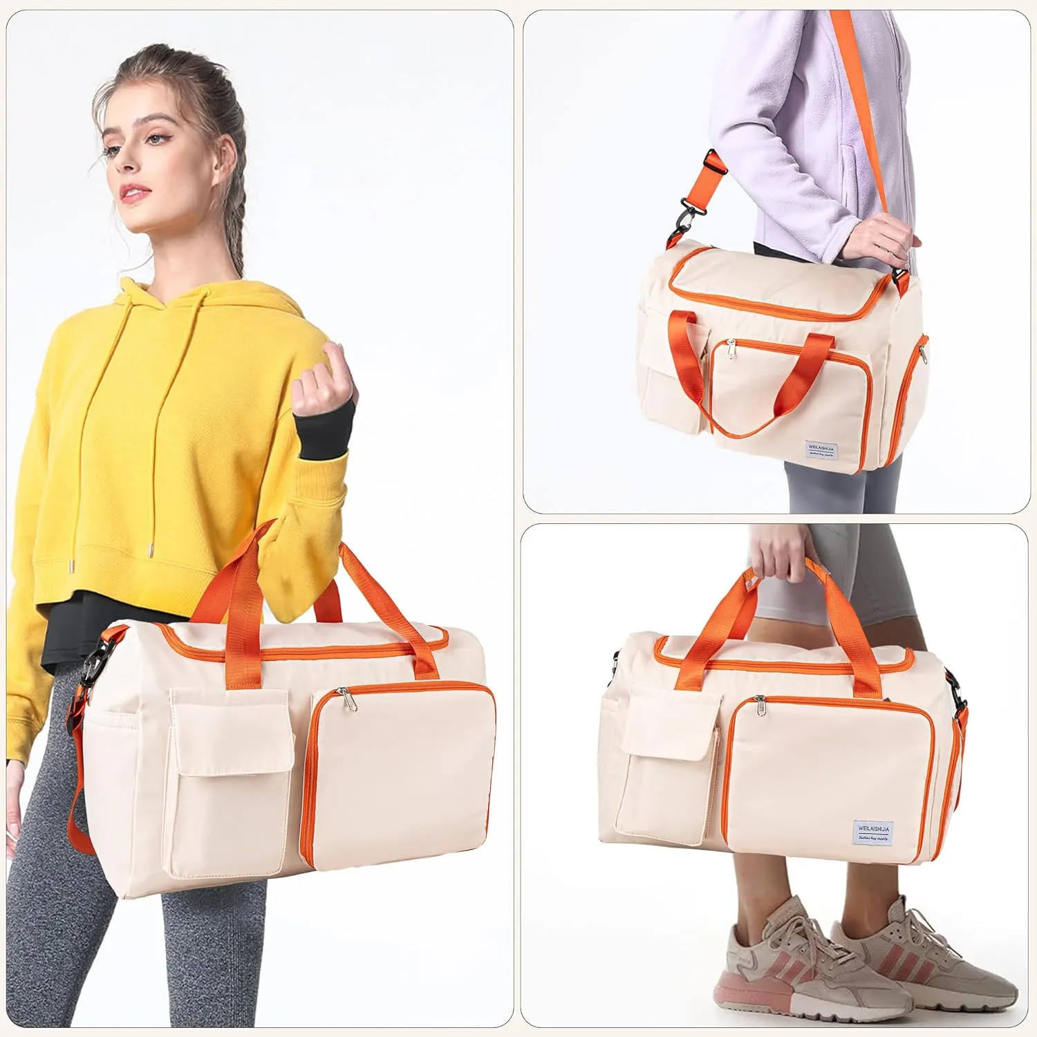 Duffel Bag for Women Girls Personalized Weekender Overnight Bag with Embroidered Name - Custom Travel Duffle with Shoe Compartment, Waterproof & Foldable, Bridesmaid Gift (Orange)