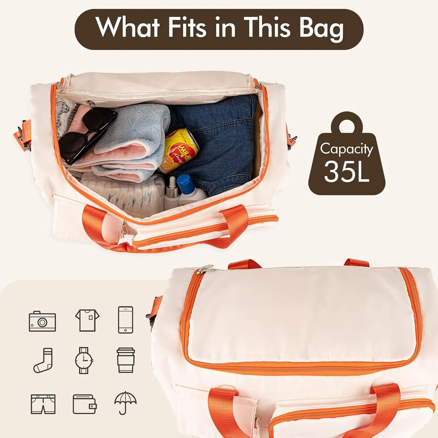 Duffel Bag for Women Girls Personalized Weekender Overnight Bag with Embroidered Name - Custom Travel Duffle with Shoe Compartment, Waterproof & Foldable, Bridesmaid Gift (Orange)