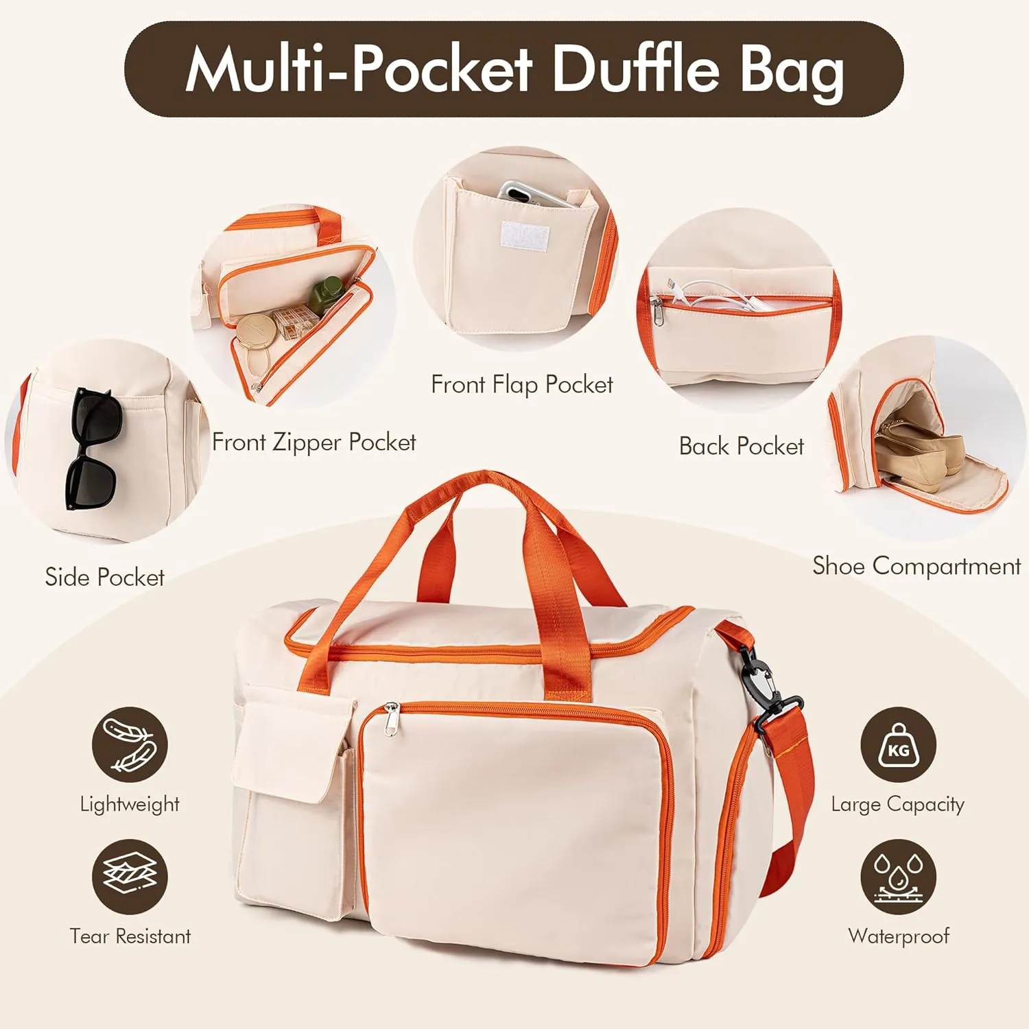 Duffel Bag for Women Girls Personalized Weekender Overnight Bag with Embroidered Name - Custom Travel Duffle with Shoe Compartment, Waterproof & Foldable, Bridesmaid Gift (Orange)