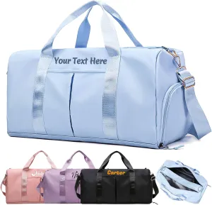 Duffel Bags for Travel Personalized Embroidered Name Text Custom Sport Weekender Bags for Women Men Customized Dry Wet Separated Waterproof Carry on Bag - Blue