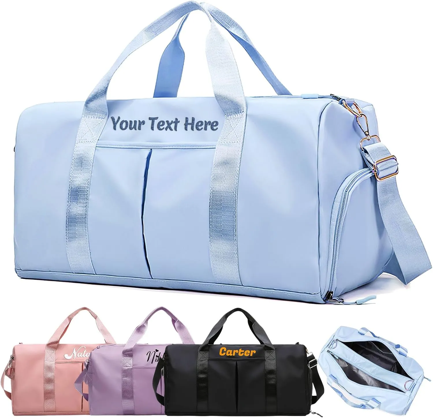 Duffel Bags for Travel Personalized Embroidered Name Text Custom Sport Weekender Bags for Women Men Customized Dry Wet Separated Waterproof Carry on Bag - Blue