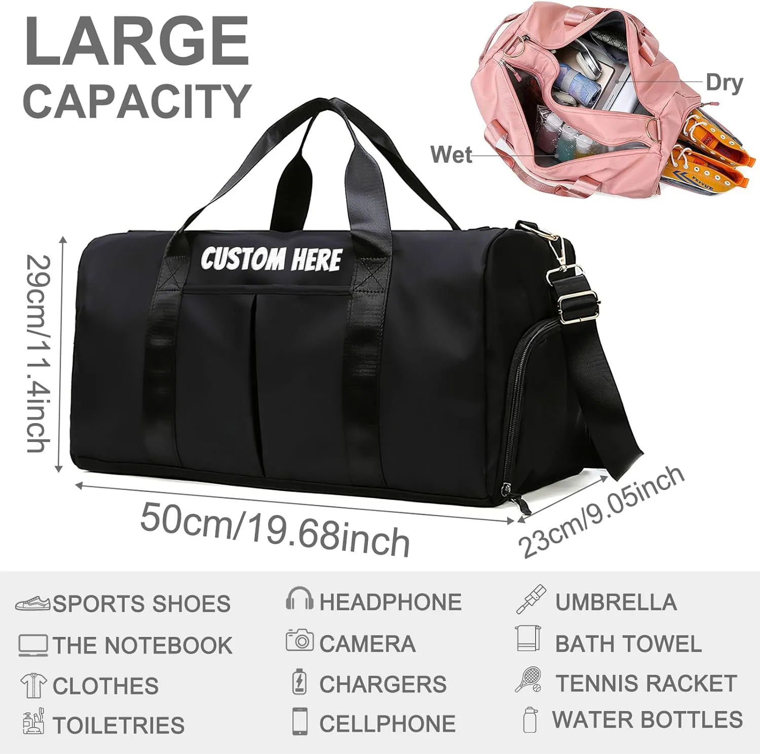 Duffel Bags for Travel Personalized Embroidered Name Text Custom Sport Weekender Bags for Women Men Customized Dry Wet Separated Waterproof Carry on Bag - Blue