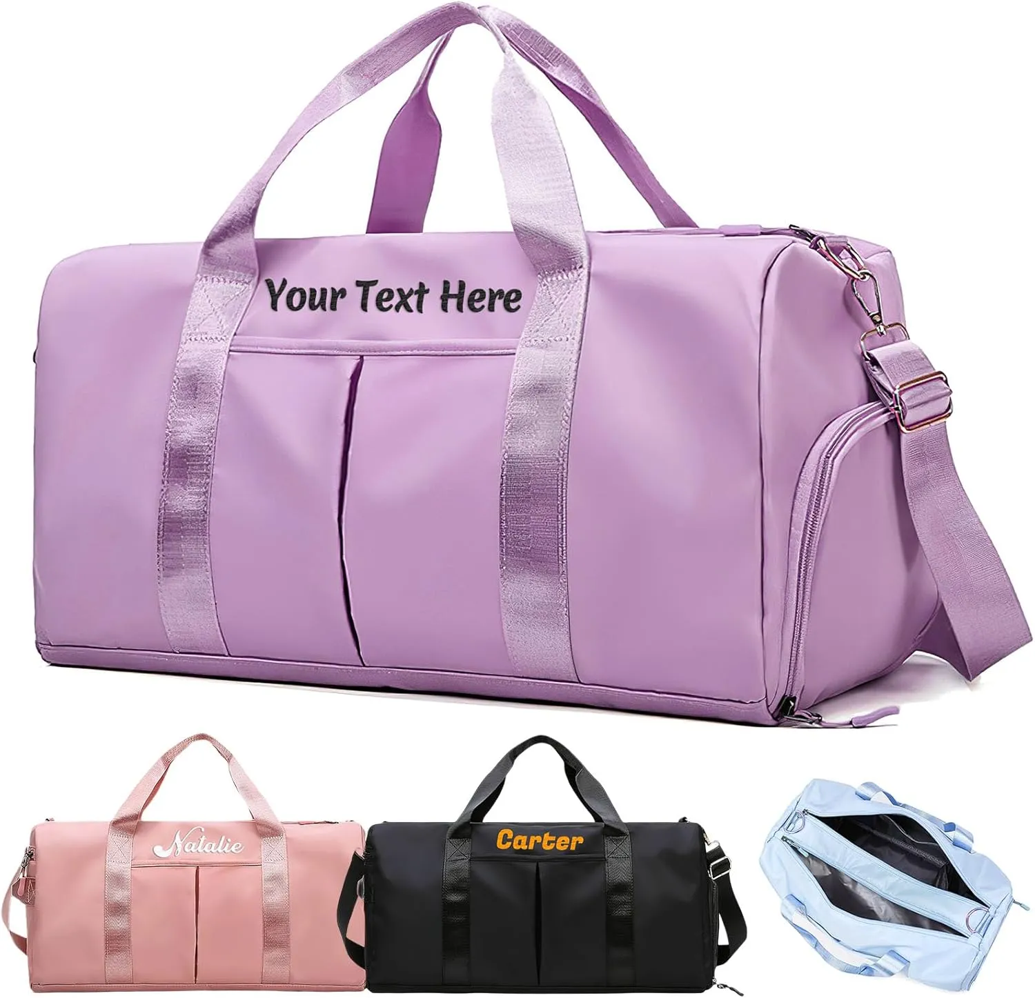 Duffel Bags for Travel Personalized Embroidered Name Text Custom Sport Weekender Bags for Women Men Customized Dry Wet Separated Waterproof Carry on Bag - Purple