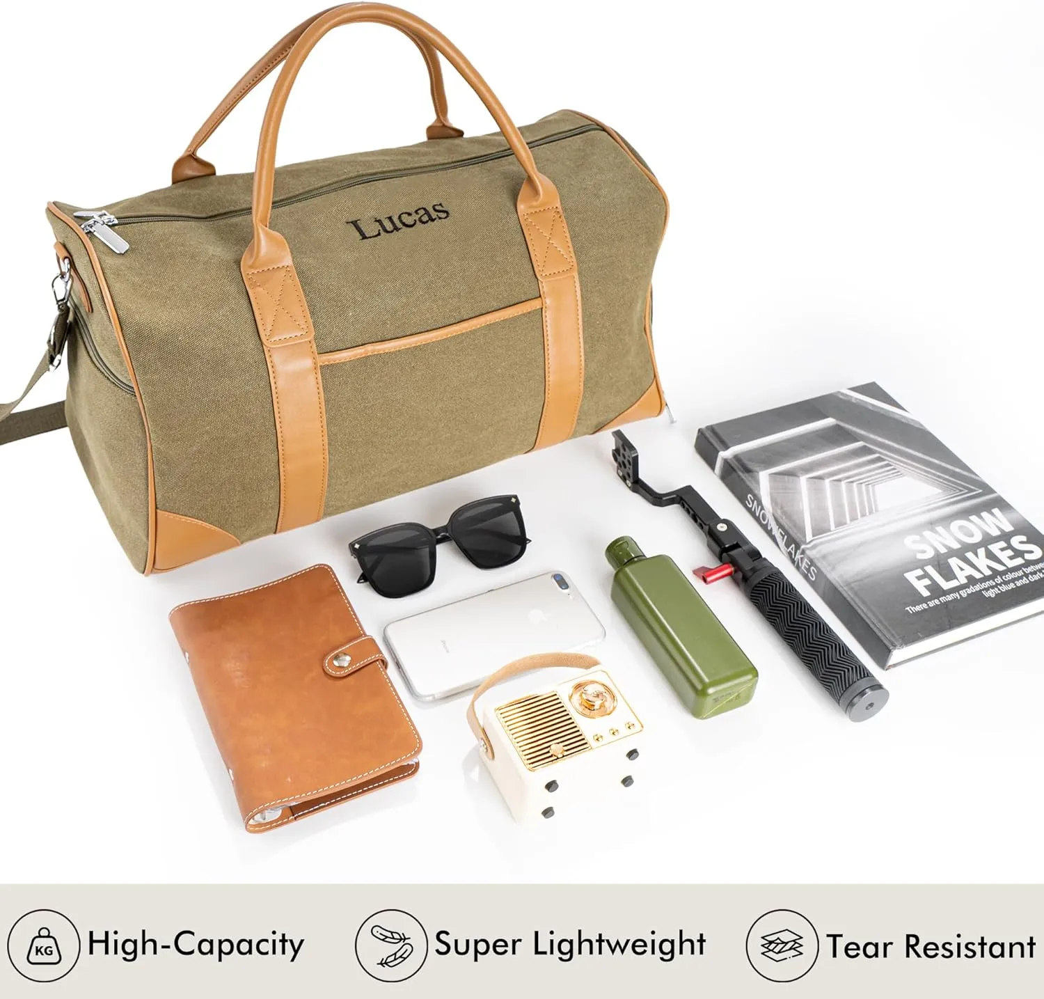 Duffle Bag for Men, Personalized Overnight Bags, Travel Bag with Leather Handle, Canvas Weekender Overnight Bag with Shoe Compartment, Custom Groomsmen Gift for Travel Camping Moving (Green)