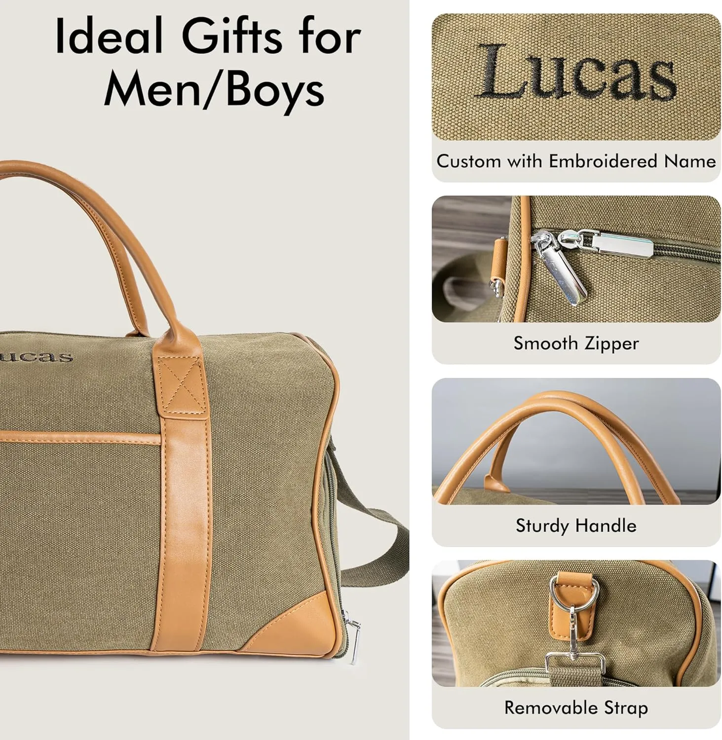 Duffle Bag for Men, Personalized Overnight Bags, Travel Bag with Leather Handle, Canvas Weekender Overnight Bag with Shoe Compartment, Custom Groomsmen Gift for Travel Camping Moving (Green)