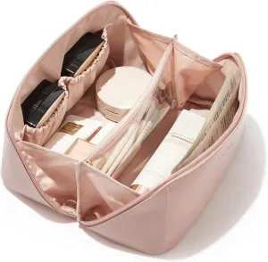 EACHY Travel Makeup Bag,Large Capacity Cosmetic Bags for Women,Waterproof Portable Pouch Open Flat Toiletry Bag Make up Organizer with Divider and Handle