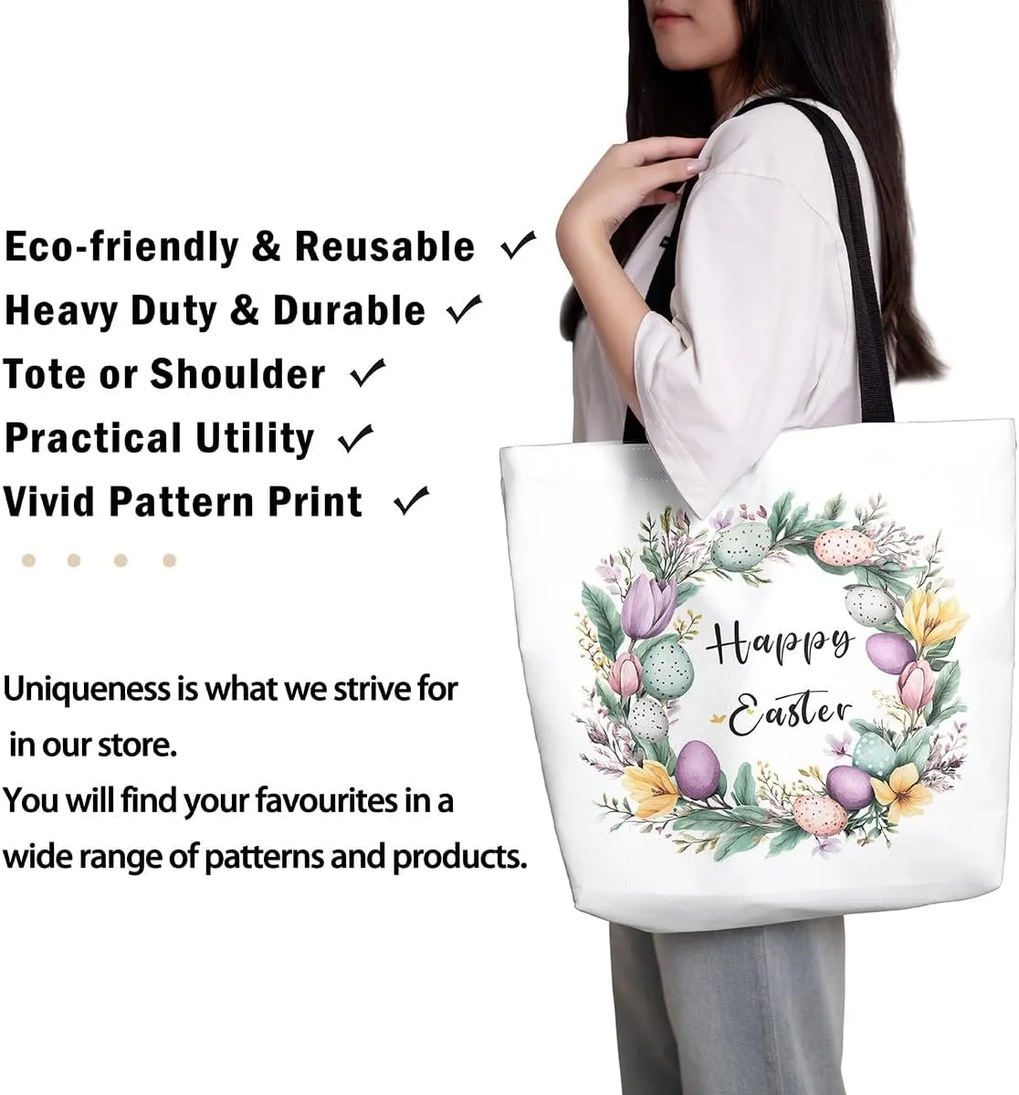 Easter Eggs Canvas Tote Bag,Daisy Pink Roses Tote Bag,Easter Theme Shopping Grocery Bags