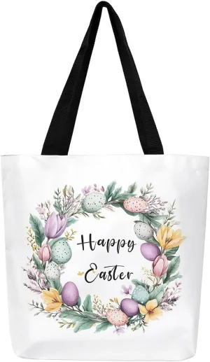 Easter Eggs Canvas Tote Bag,Daisy Pink Roses Tote Bag,Easter Theme Shopping Grocery Bags