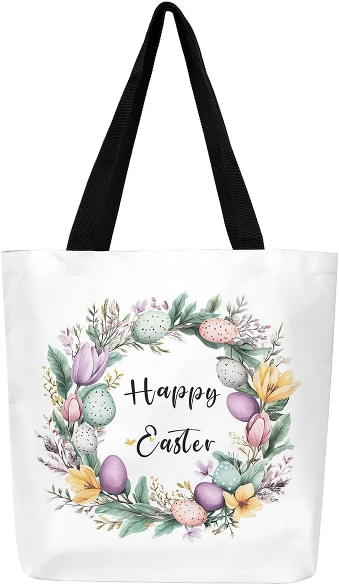 Easter Eggs Canvas Tote Bag,Daisy Pink Roses Tote Bag,Easter Theme Shopping Grocery Bags