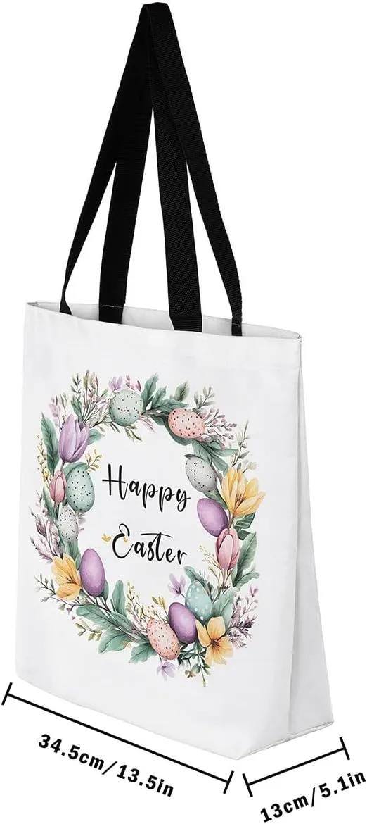 Easter Eggs Canvas Tote Bag,Daisy Pink Roses Tote Bag,Easter Theme Shopping Grocery Bags