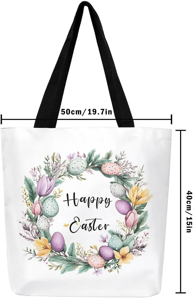 Easter Eggs Canvas Tote Bag,Daisy Pink Roses Tote Bag,Easter Theme Shopping Grocery Bags