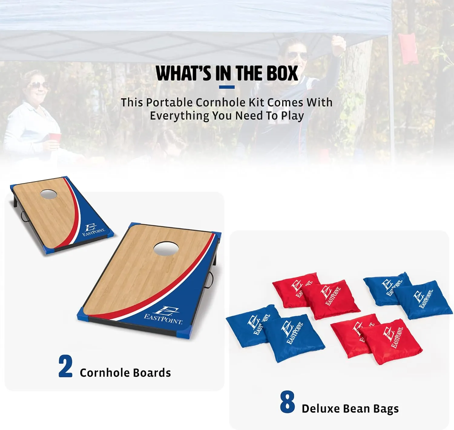 EastPoint Sports Cornhole Game Set Bean Bag Toss MDF - 2' W x 3' L - Built-In Storage, Convenient Carry Handles and 8 Premium Bean Bags