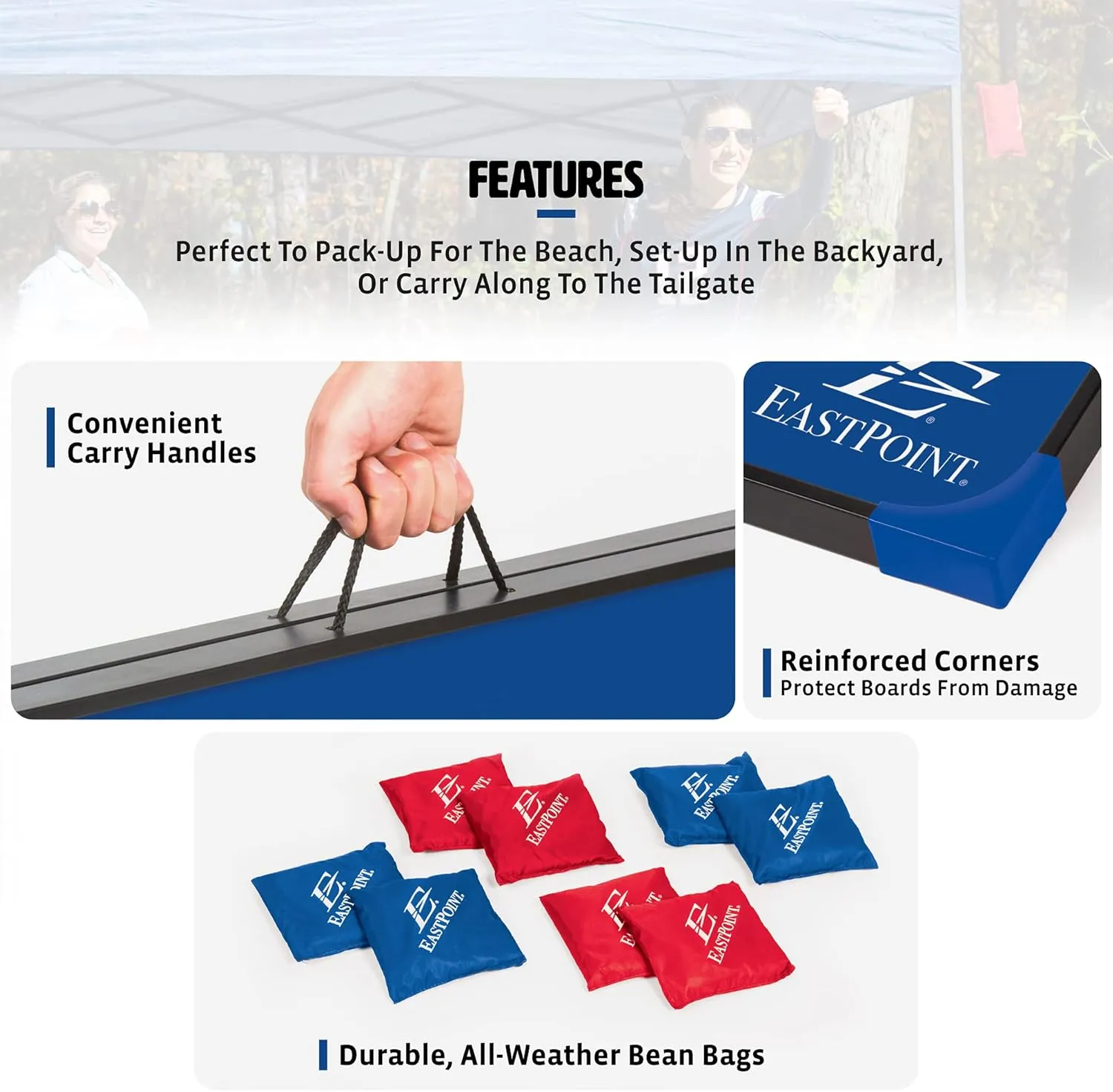 EastPoint Sports Cornhole Game Set Bean Bag Toss MDF - 2' W x 3' L - Built-In Storage, Convenient Carry Handles and 8 Premium Bean Bags