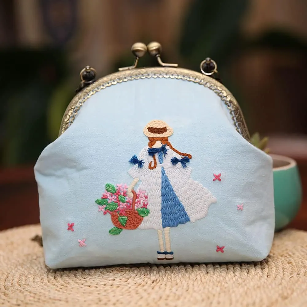 Easy Embroidery DIY Bags Purse Wallet Handbag, Cross Stitch Kit for Beginner Needlework Sewing Craft Friend Gifts Bags Beautiful Flower Basket Girl