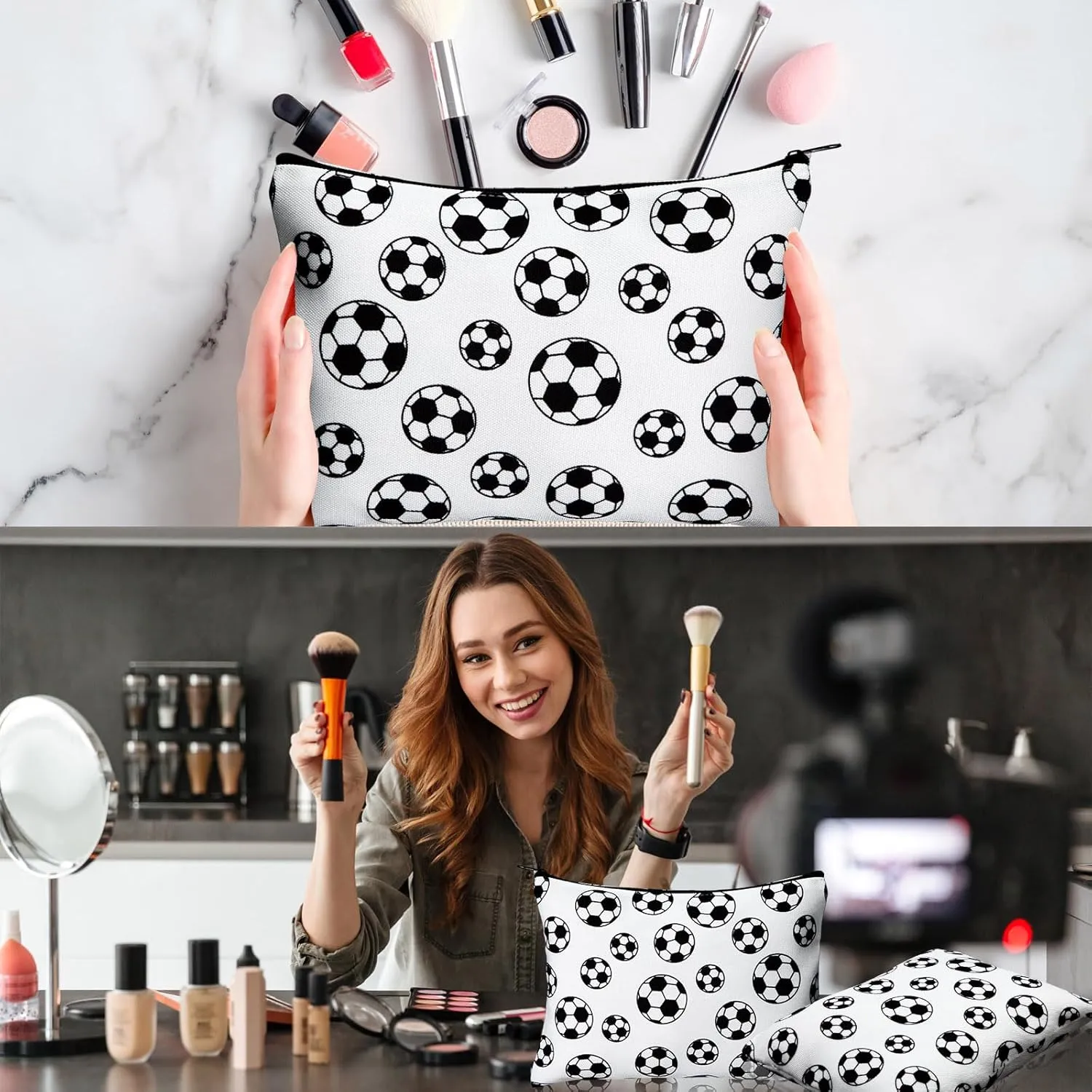 Eccliy 20 Pcs Soccer Makeup Bag Cosmetic Bag Canvas Gifts Sport Soccer Themed Accessories for Girls Toiletry Pouch with Zipper for Women Party Shopping Home Travel, 9 x 7 Inch